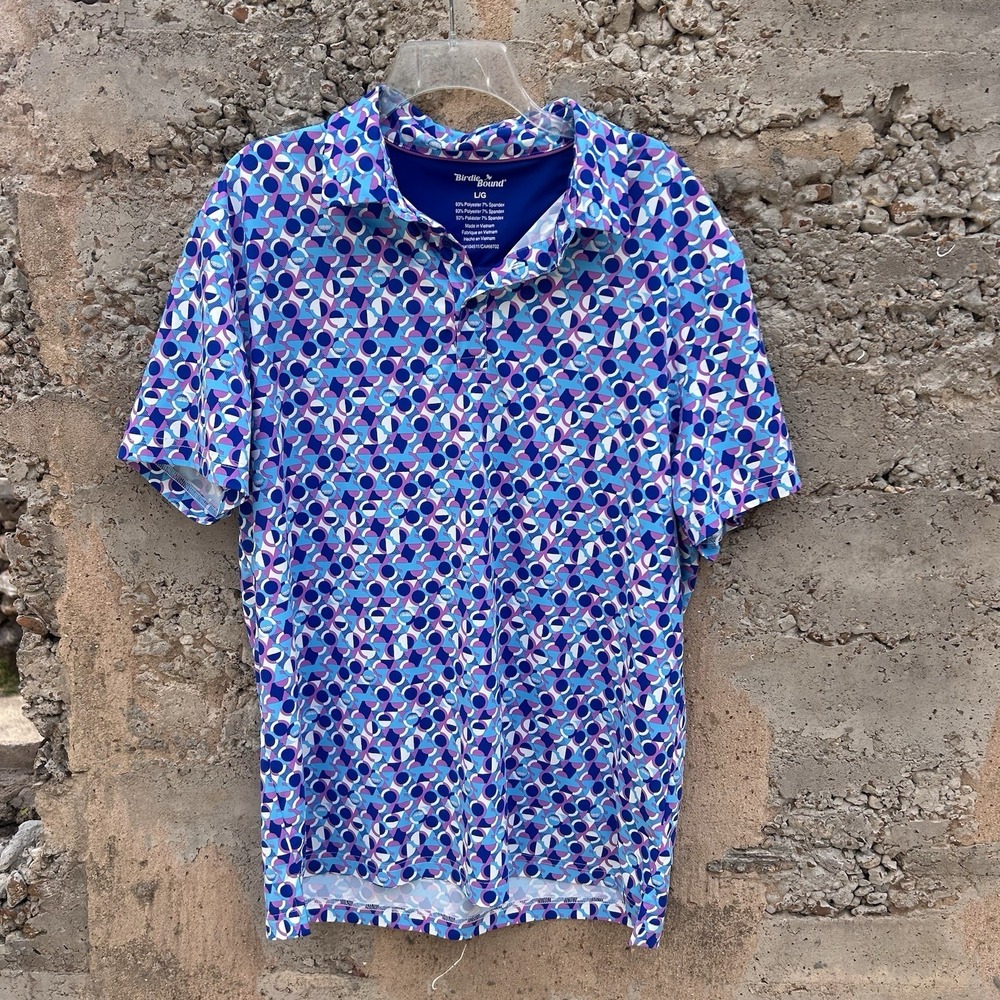Birdie Bound Polo Shirt Mens Large Blue  Graphic Geometric Golf Stretch AOP